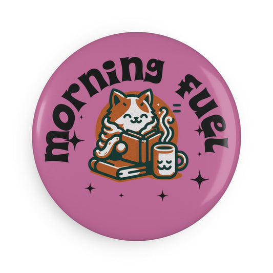 Morning Fuel Cat Illustration Button Magnet | Bright, Round Fridge Magnet