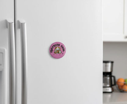 Morning Fuel Cat Illustration Button Magnet | Bright, Round Fridge Magnet