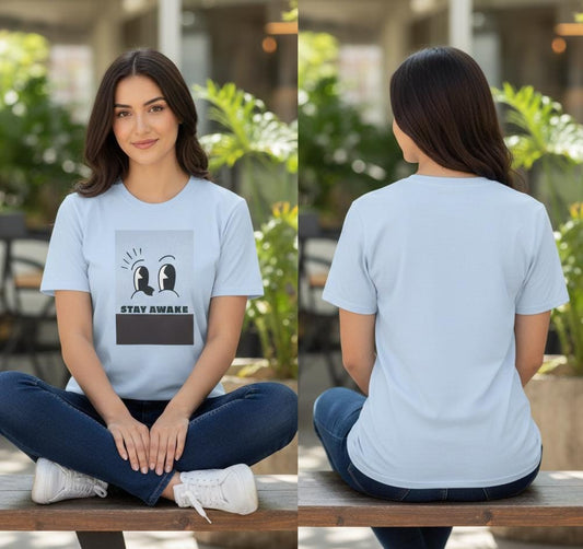 Stay Awake Graphic T-Shirt | Minimalist Cartoon Eyes Crew Tee