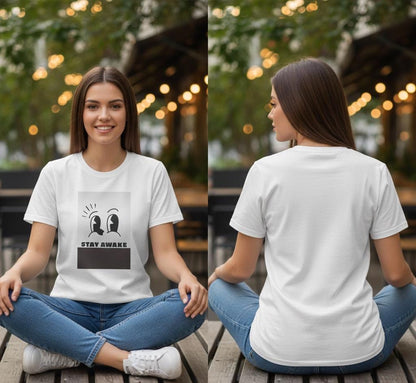 Stay Awake Graphic T-Shirt | Minimalist Cartoon Eyes Crew Tee