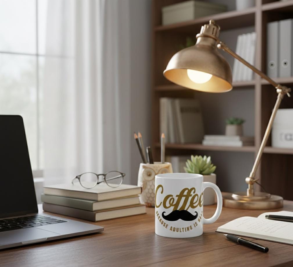 Coffee Mustache Mug | Adulting Humor Ceramic Cup