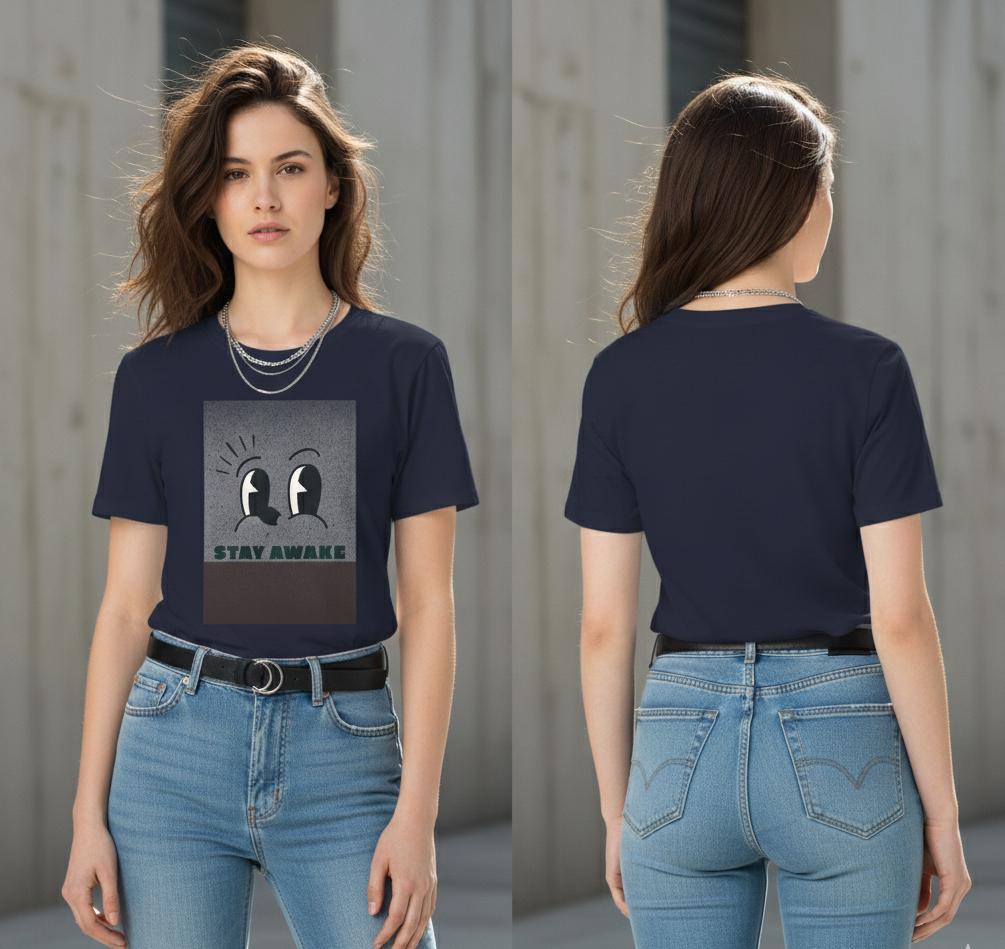 Stay Awake Graphic T-Shirt | Minimalist Cartoon Eyes Crew Tee