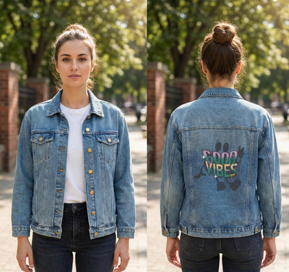 Oversized Denim Jacket | Retro Good Vibes Graphic, Relaxed Fit