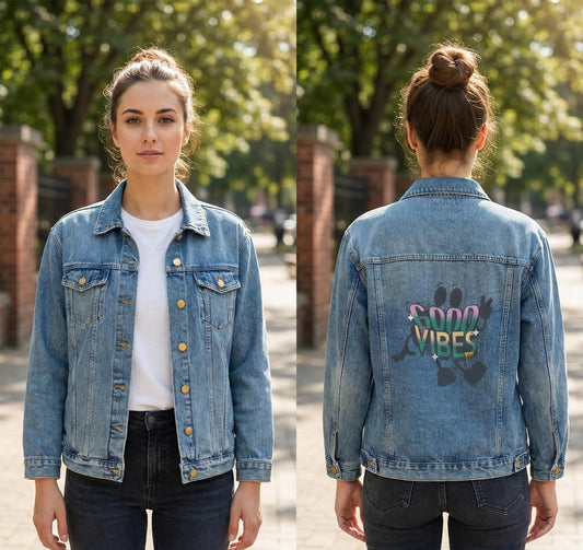 Oversized Denim Jacket | Retro Good Vibes Graphic, Relaxed Fit