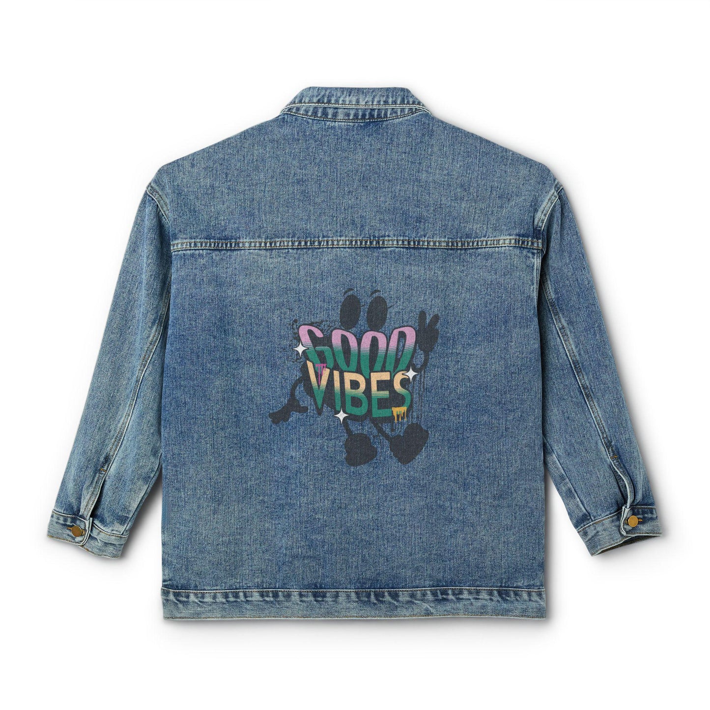 Oversized Denim Jacket | Retro Good Vibes Graphic, Relaxed Fit