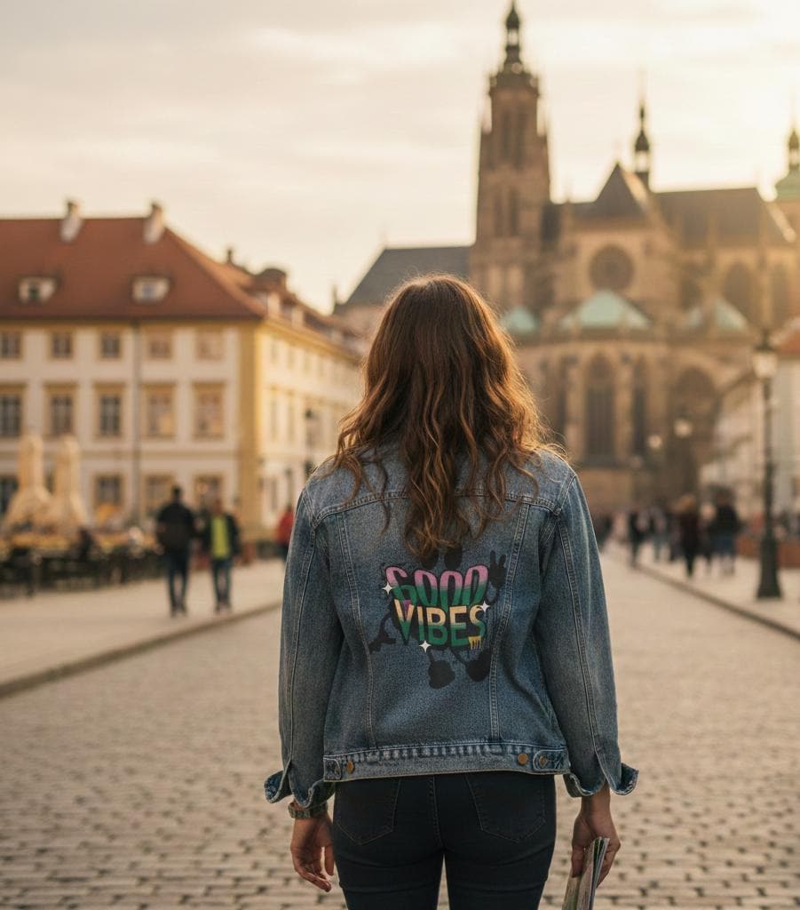 Oversized Denim Jacket | Retro Good Vibes Graphic, Relaxed Fit