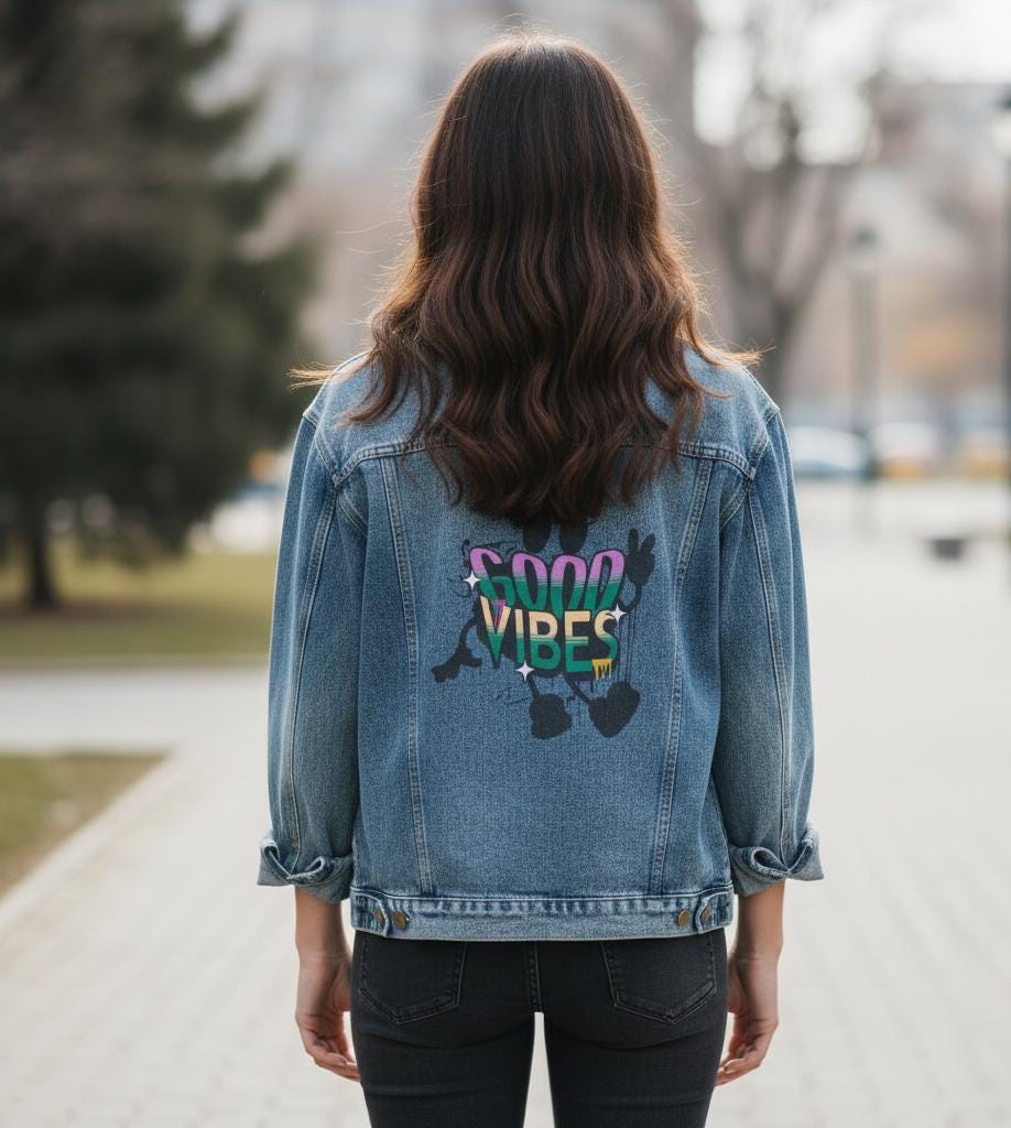 Oversized Denim Jacket | Retro Good Vibes Graphic, Relaxed Fit