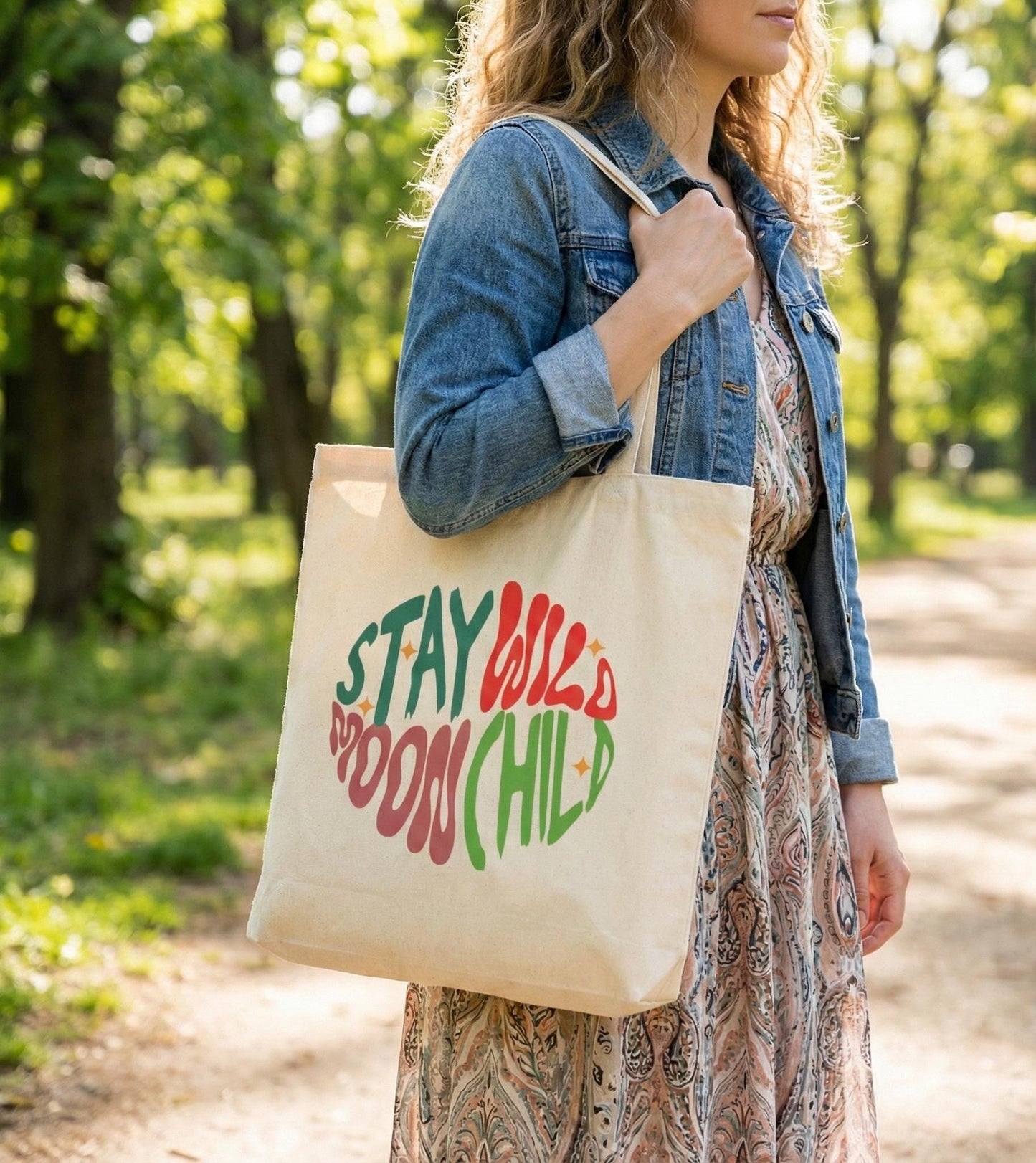Stay Wild Moon Child Tote Bag | Retro Cotton Canvas