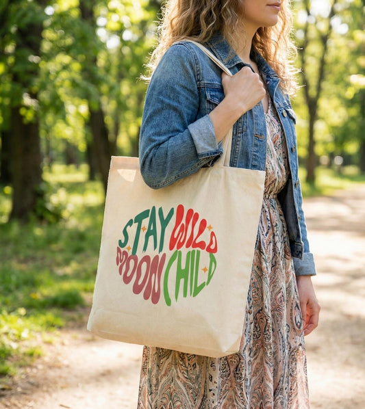 Stay Wild Moon Child Tote Bag | Retro Cotton Canvas