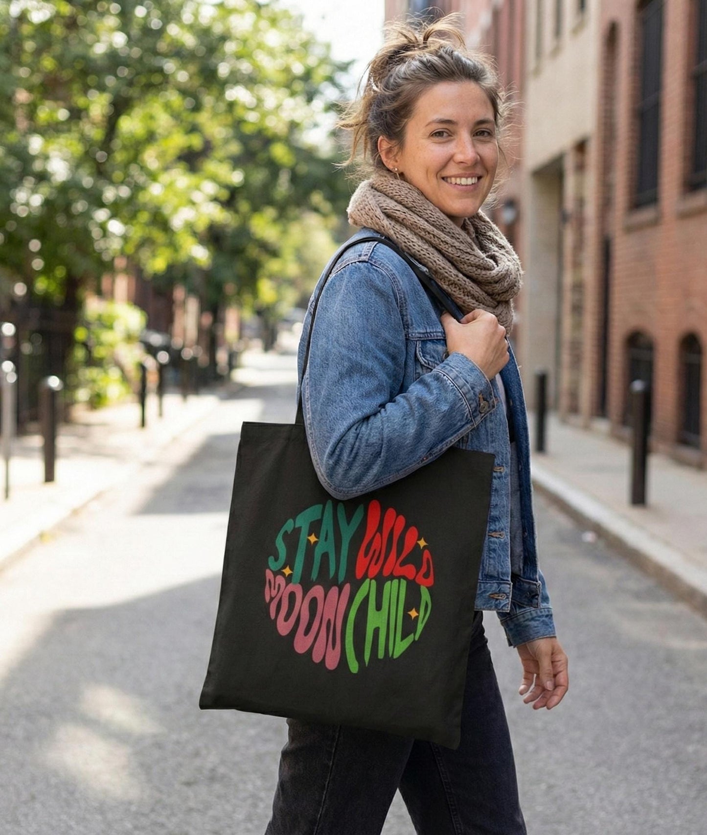 Stay Wild Moon Child Tote Bag | Retro Cotton Canvas