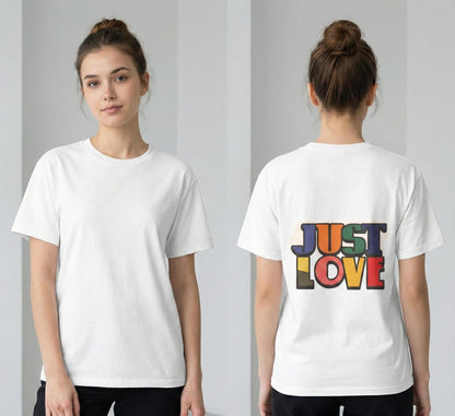 Just Love T-Shirt | Retro Rainbow Typography, Positive Message | Classic Crew-Neck Tee