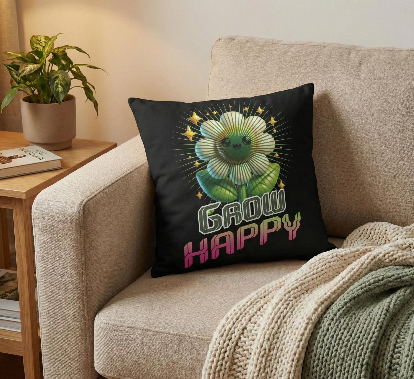 Grow Happy Flower Graphic Pillow | Cute Kawaii Plant Illustration | Soft, Square Accent Pillow Cover