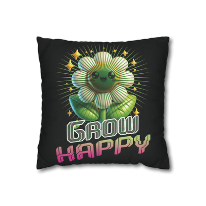 Grow Happy Flower Graphic Pillow | Cute Kawaii Plant Illustration | Soft, Square Accent Pillow Cover