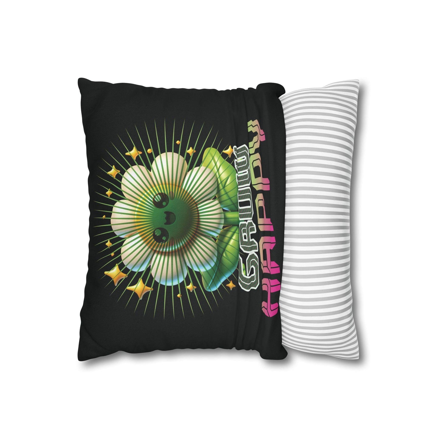 Grow Happy Flower Graphic Pillow | Cute Kawaii Plant Illustration | Soft, Square Accent Pillow Cover
