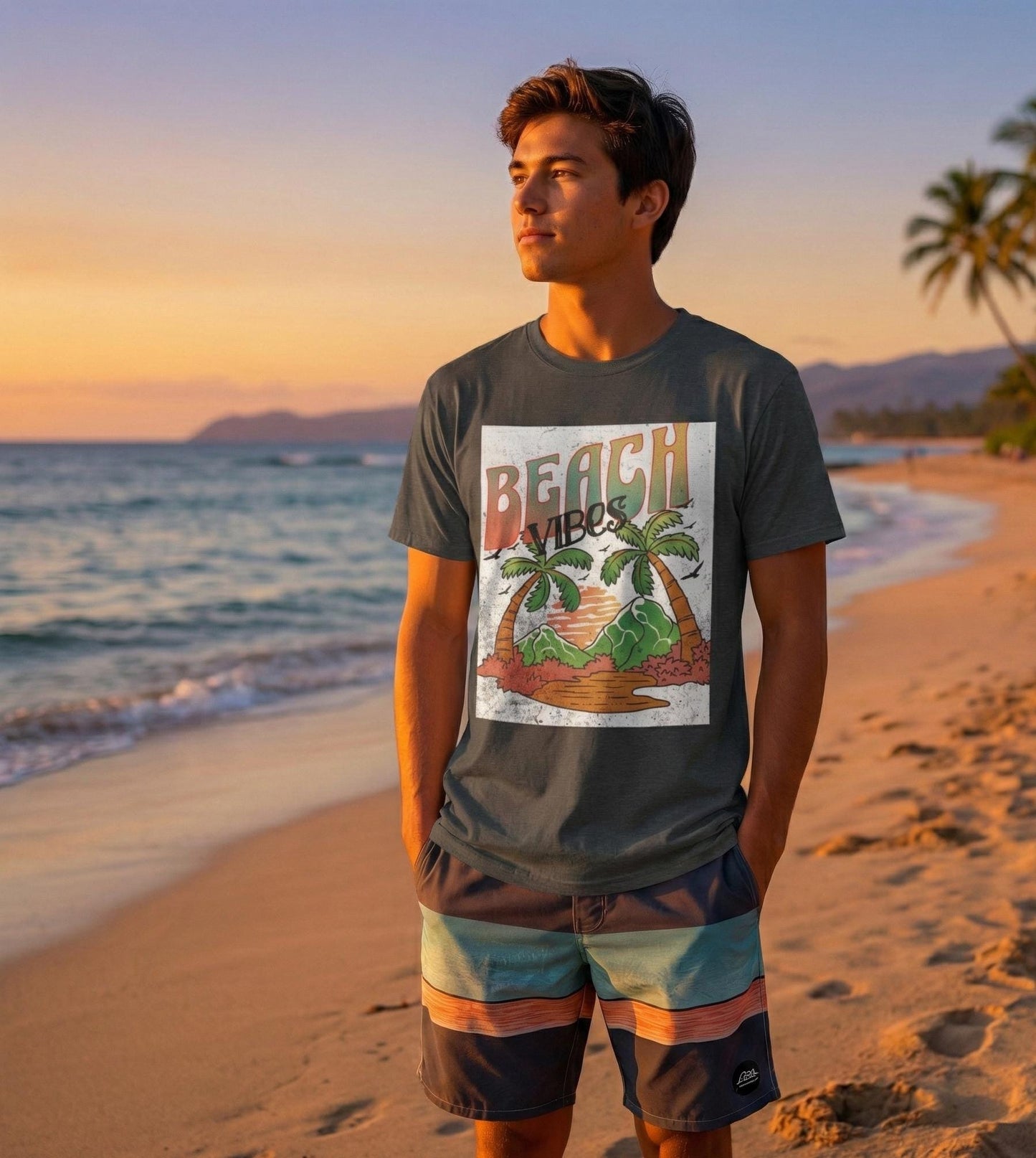 Beach Vibes Palm Trees Tee | Retro Sunset Surf Graphic | Soft, Classic-Fit Tee