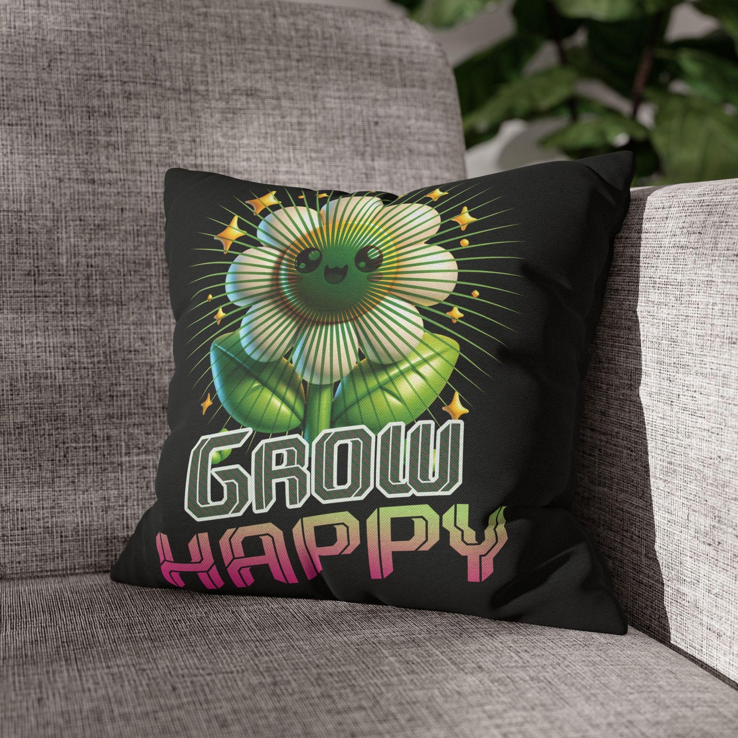 Grow Happy Flower Graphic Pillow | Cute Kawaii Plant Illustration | Soft, Square Accent Pillow Cover