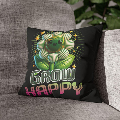 Grow Happy Flower Graphic Pillow | Cute Kawaii Plant Illustration | Soft, Square Accent Pillow Cover