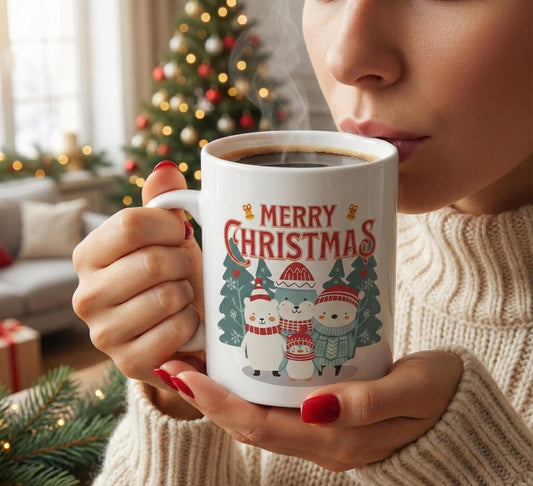 Merry Christmas Cute Winter Animals Mug | Holiday Penguin Polar Bear Snowman | Merry Christmas Cute Mug