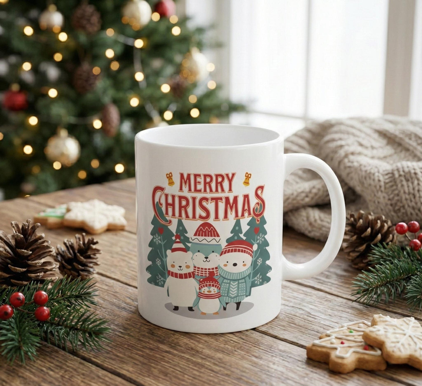 Merry Christmas Cute Winter Animals Mug | Holiday Penguin Polar Bear Snowman | Merry Christmas Cute Mug