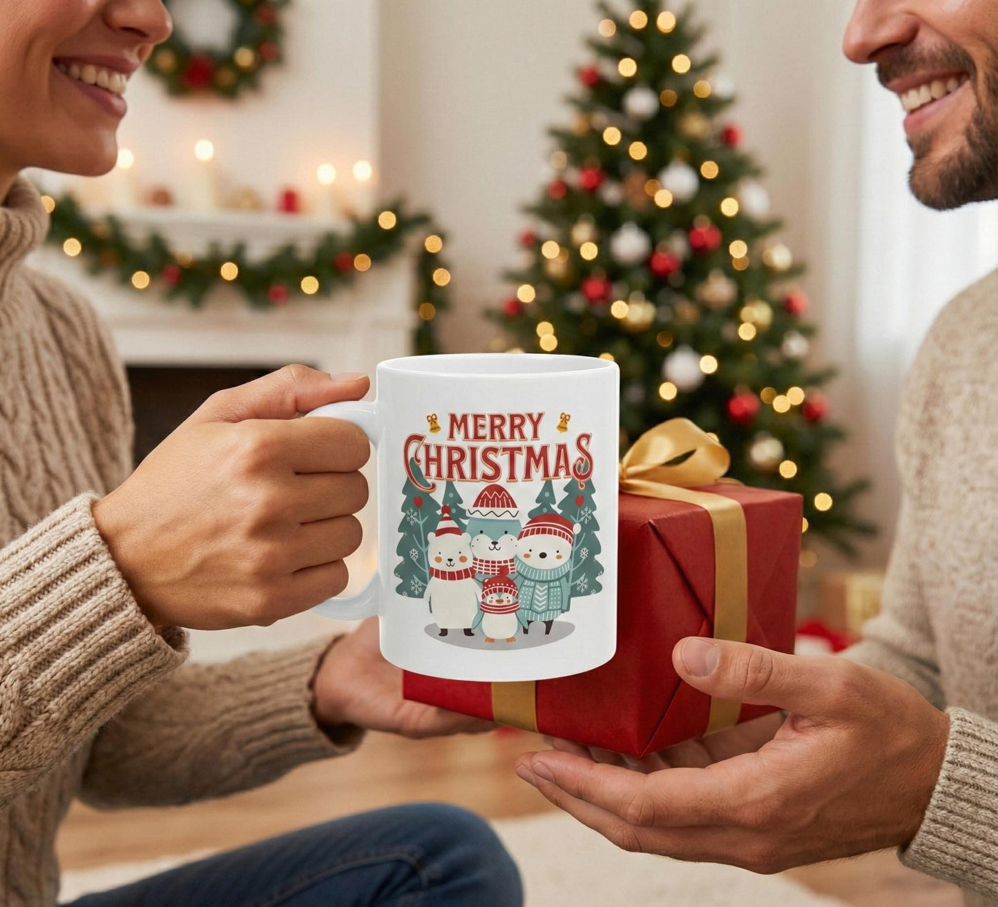 Merry Christmas Cute Winter Animals Mug | Holiday Penguin Polar Bear Snowman | Merry Christmas Cute Mug