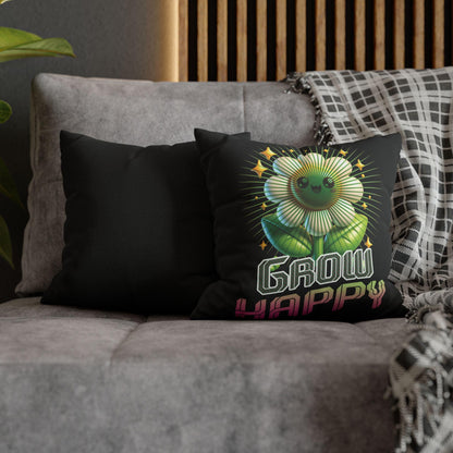 Grow Happy Flower Graphic Pillow | Cute Kawaii Plant Illustration | Soft, Square Accent Pillow Cover