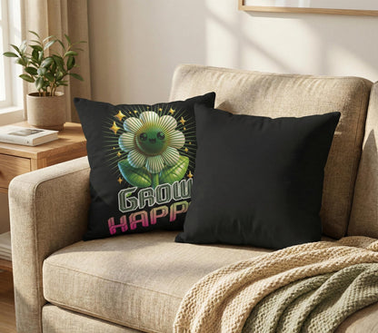 Grow Happy Flower Graphic Pillow | Cute Kawaii Plant Illustration | Soft, Square Accent Pillow Cover