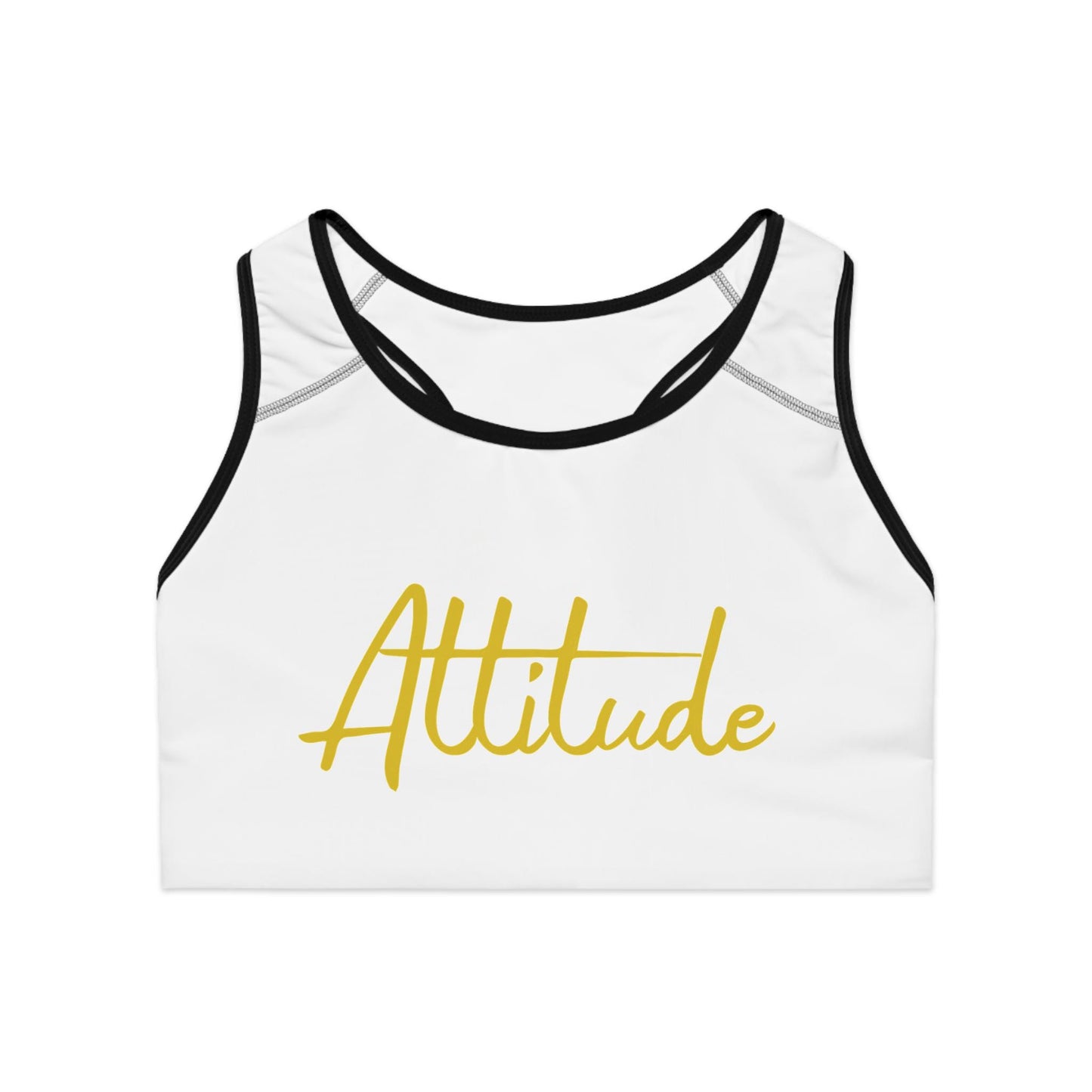 Attitude Sports Bra | White Racerback, Gold Script Text
