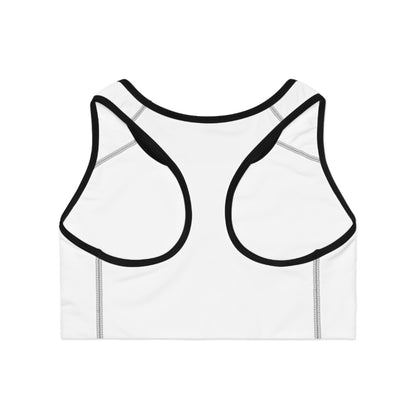 Attitude Sports Bra | White Racerback, Gold Script Text