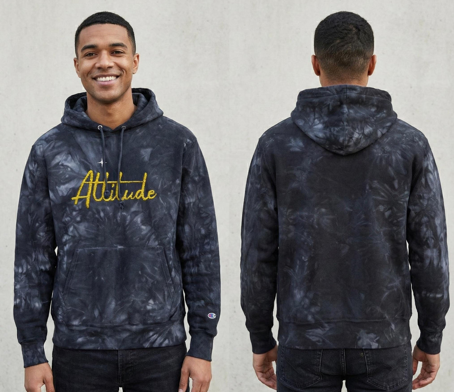 Altitude Script Embroidered Hoodie | Black Tie-Dye Hoodie | Deep Charcoal Scrunch-Tie-Dye