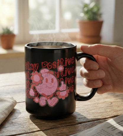 Retro Smiley Face Coffee Mug | 15oz Black Ceramic with Positive Graphic