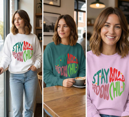 Stay Wild Moon Child Sweatshirt | Retro Psychedelic Typography |  Unisex Soft, Garment-Dyed Sweatshirt