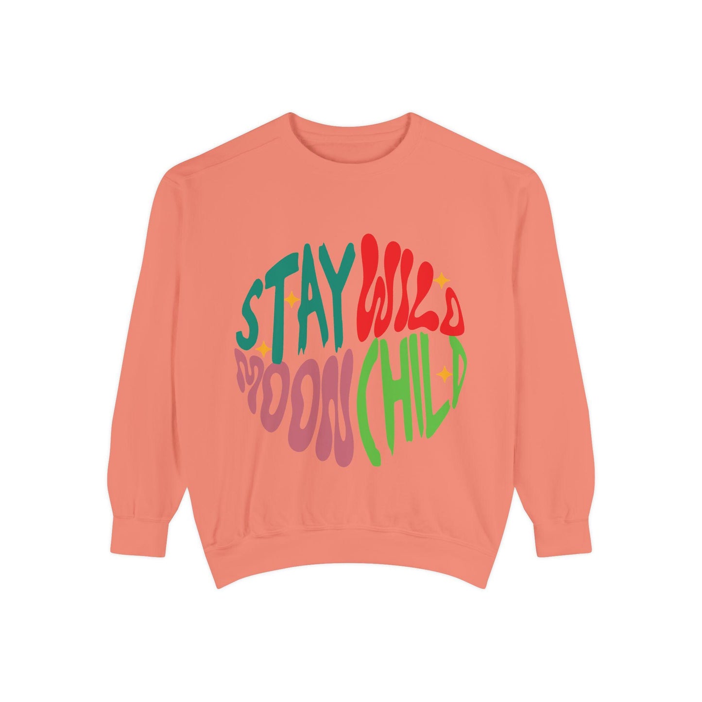 Stay Wild Moon Child Sweatshirt | Retro Psychedelic Typography |  Unisex Soft, Garment-Dyed Sweatshirt