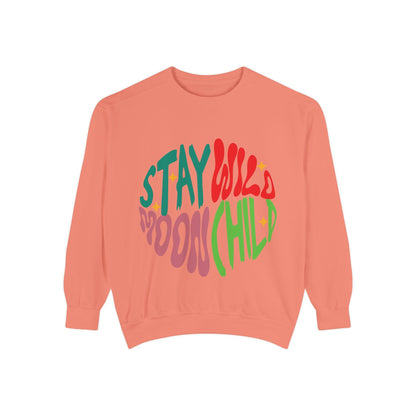 Stay Wild Moon Child Sweatshirt | Retro Psychedelic Typography |  Unisex Soft, Garment-Dyed Sweatshirt