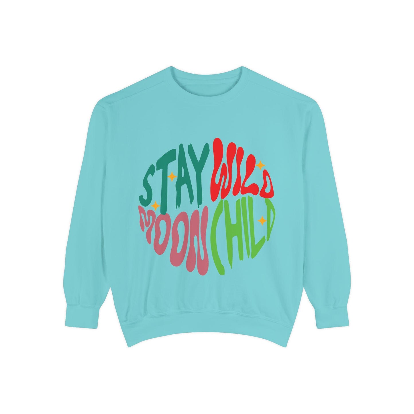 Stay Wild Moon Child Sweatshirt | Retro Psychedelic Typography |  Unisex Soft, Garment-Dyed Sweatshirt