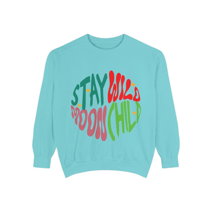 Stay Wild Moon Child Sweatshirt | Retro Psychedelic Typography |  Unisex Soft, Garment-Dyed Sweatshirt