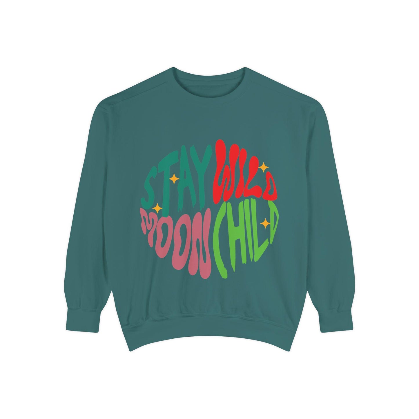Stay Wild Moon Child Sweatshirt | Retro Psychedelic Typography |  Unisex Soft, Garment-Dyed Sweatshirt