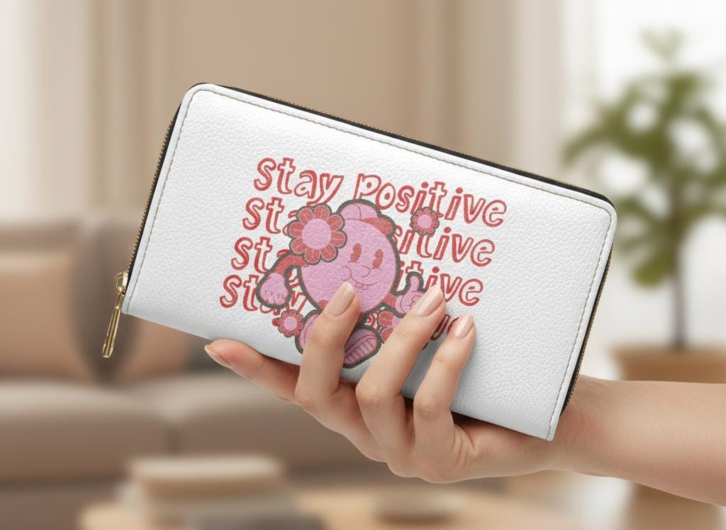 Pink Smiley Character Zipper Wallet | Retro Floral PU Leather