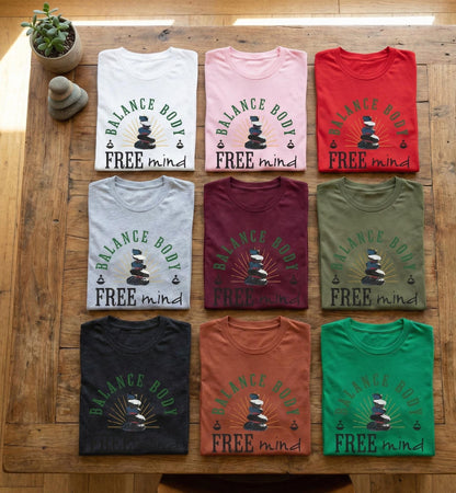 Balance Body Free Mind tee | Zen stacked stones graphic | Soft, Lightweight Fabric Tshirt