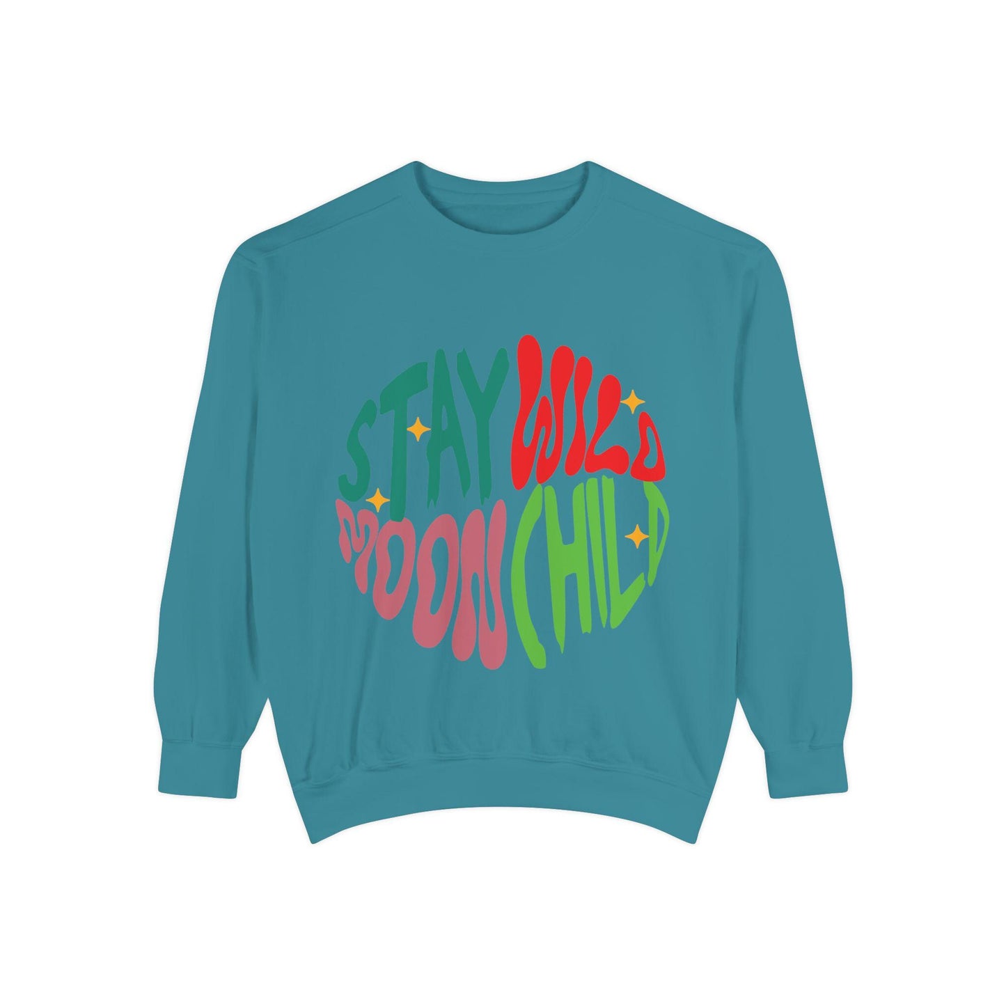 Stay Wild Moon Child Sweatshirt | Retro Psychedelic Typography |  Unisex Soft, Garment-Dyed Sweatshirt