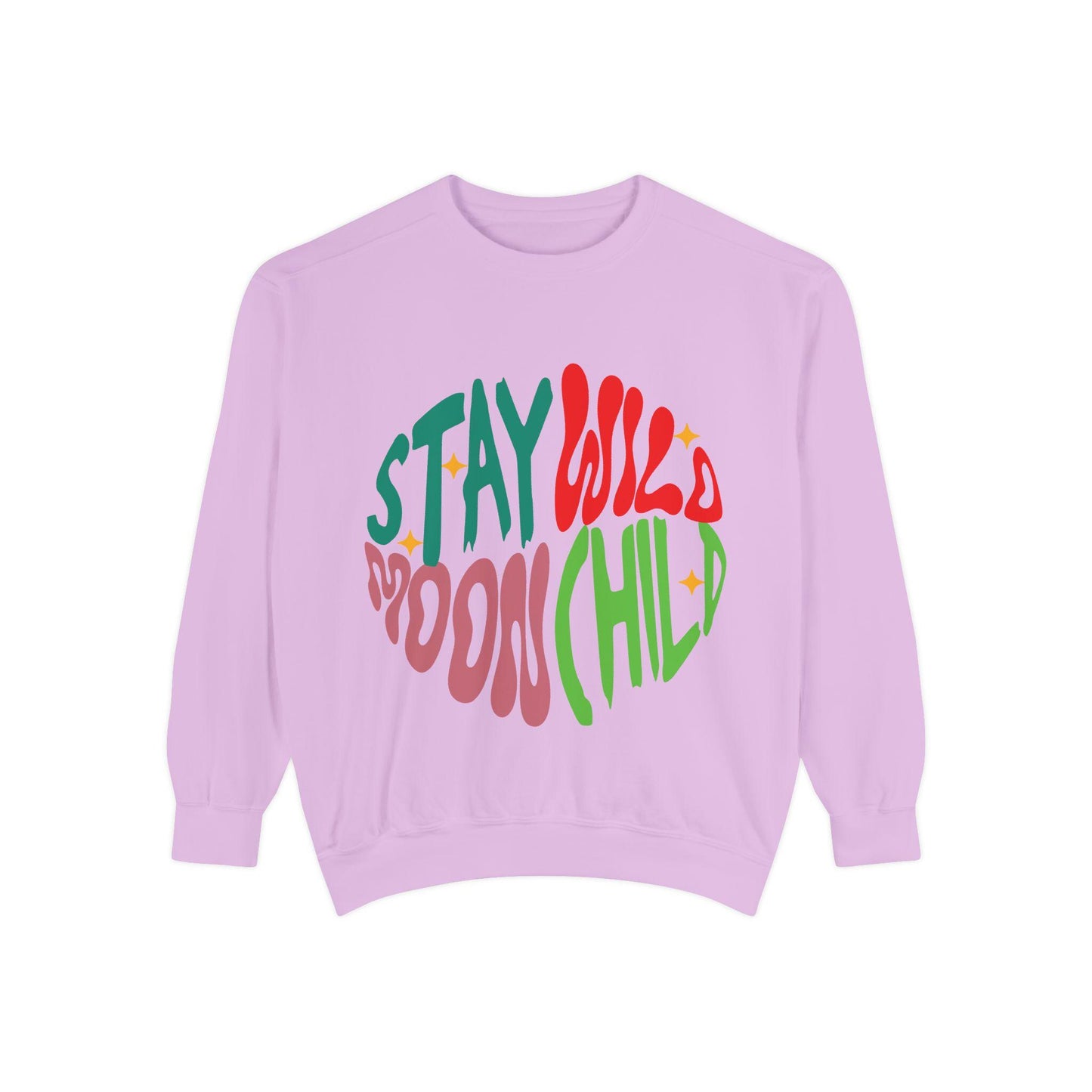 Stay Wild Moon Child Sweatshirt | Retro Psychedelic Typography |  Unisex Soft, Garment-Dyed Sweatshirt