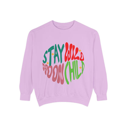 Stay Wild Moon Child Sweatshirt | Retro Psychedelic Typography |  Unisex Soft, Garment-Dyed Sweatshirt