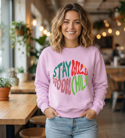 Stay Wild Moon Child Sweatshirt | Retro Psychedelic Typography |  Unisex Soft, Garment-Dyed Sweatshirt