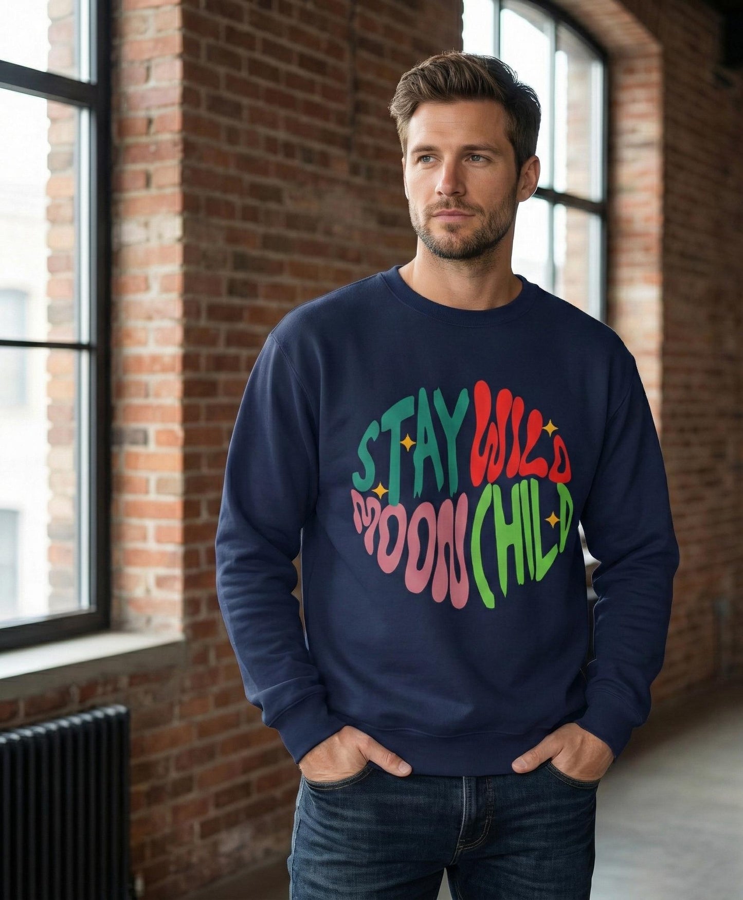 Stay Wild Moon Child Sweatshirt | Retro Psychedelic Typography |  Unisex Soft, Garment-Dyed Sweatshirt