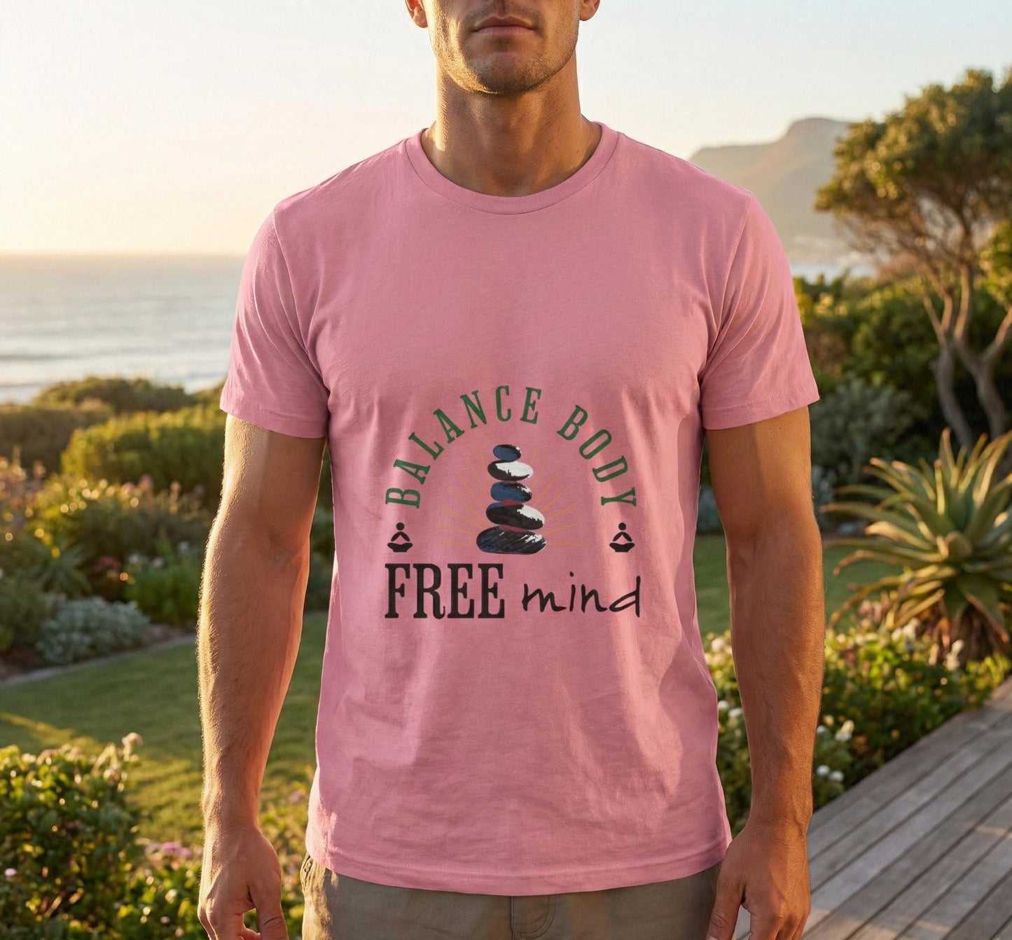 Balance Body Free Mind tee | Zen stacked stones graphic | Soft, Lightweight Fabric Tshirt
