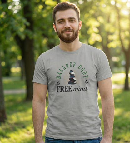 Balance Body Free Mind tee | Zen stacked stones graphic | Soft, Lightweight Fabric Tshirt