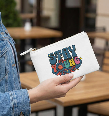 Attitude script logo Mini Clutch Bag | gold typography, white pouch | Smooth Faux-Leather Clutch