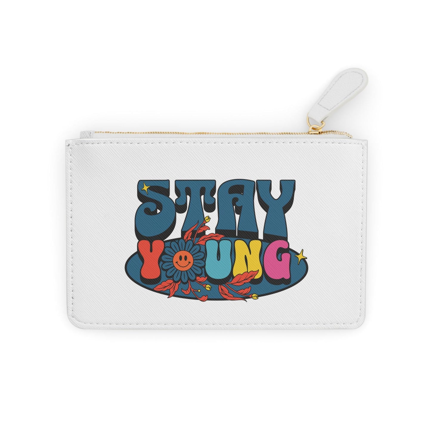Attitude script logo Mini Clutch Bag | gold typography, white pouch | Smooth Faux-Leather Clutch