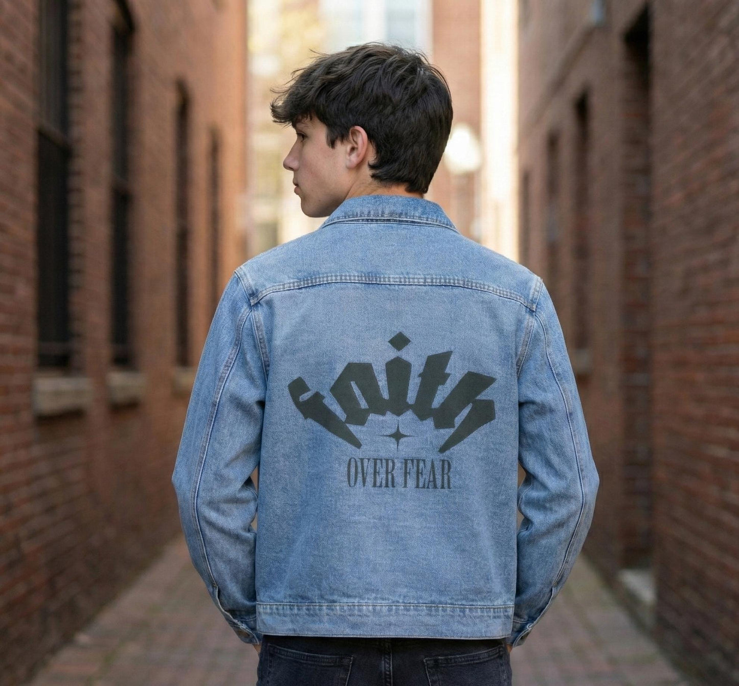 Faith Over Fear Denim Jacket | Back Graphic Statement Piece