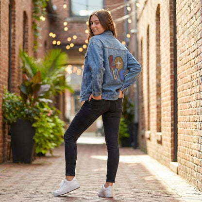 Retro 'LOVE' Graphic Denim Jacket | 70s Groovy Back Patch