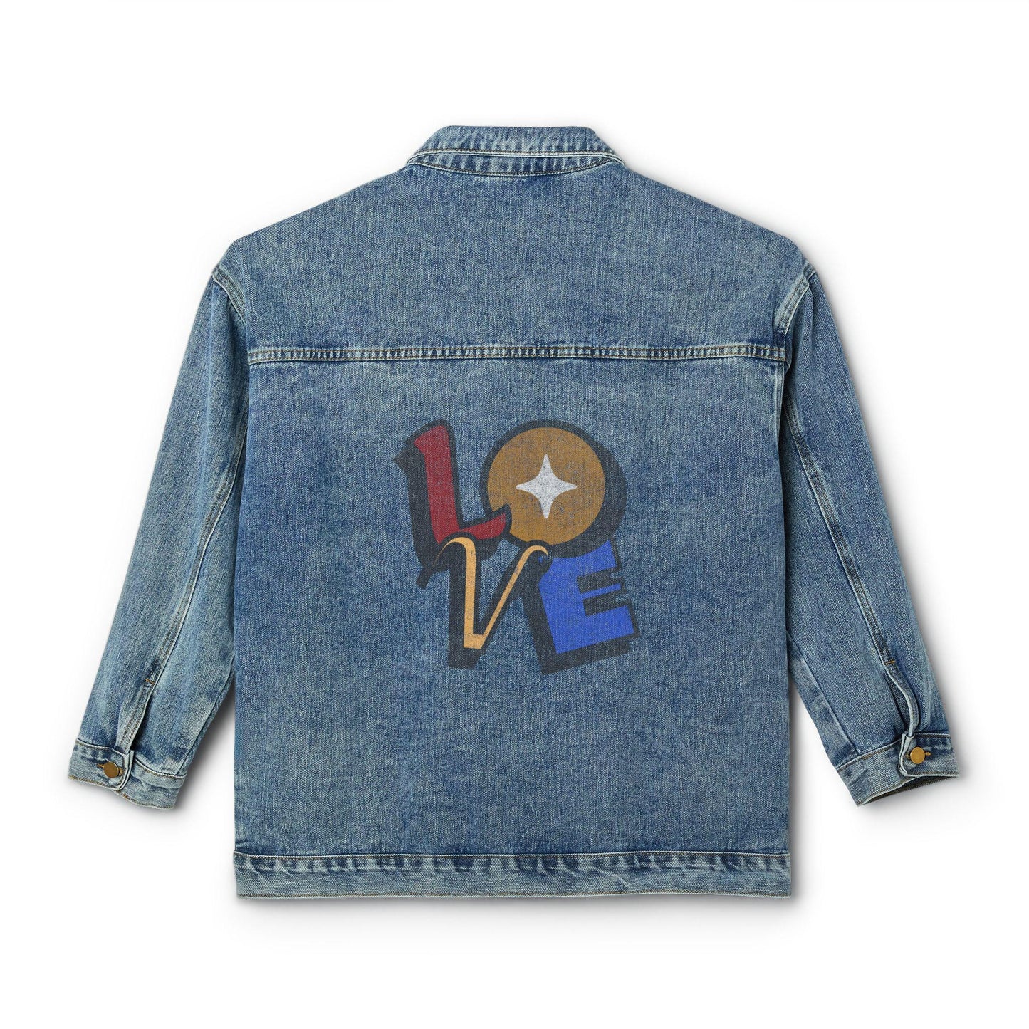 Retro 'LOVE' Graphic Denim Jacket | 70s Groovy Back Patch